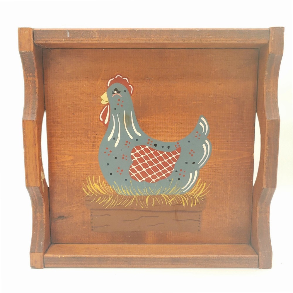 Vtg Rooster Farmhouse Wooden Serving Tray Folk Art Hen Hand Painted Rustic Decor